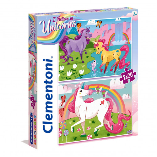 Set 2 Puzzle Clementoni, I believe in Unicorns, cu 20 piese fiecare si dimensiuni 27 x 19 cm, pentru copii de peste 3 ani